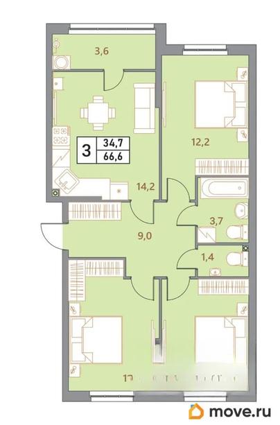 3-комн. квартира, 66.6 м&sup2;