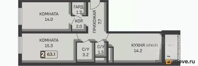 2-комн. квартира, 63.1 м&sup2;