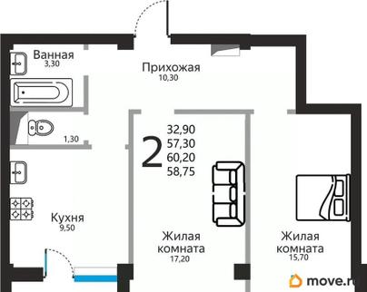 2-комн. квартира, 58.75 м&sup2;
