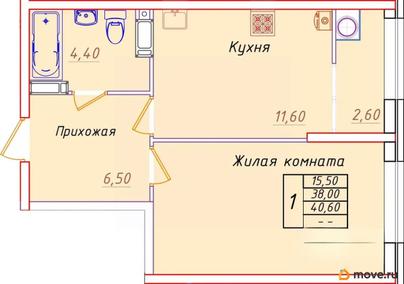1-комн. квартира, 40.6 м&sup2;