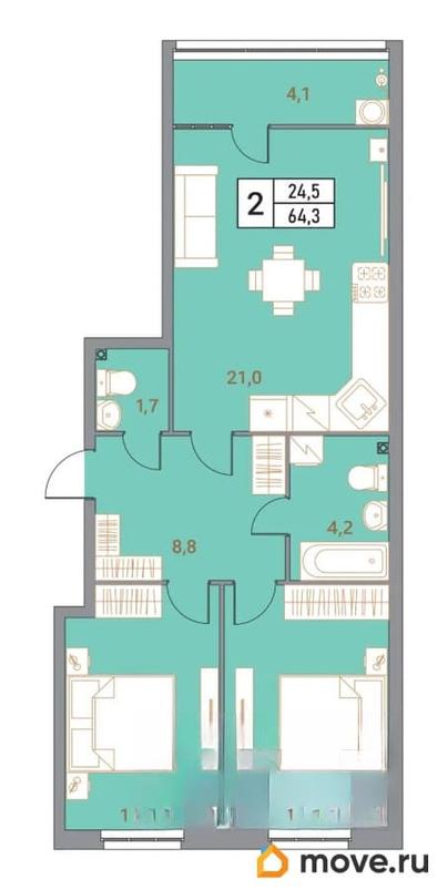 3-комн. квартира, 64.3 м&sup2;