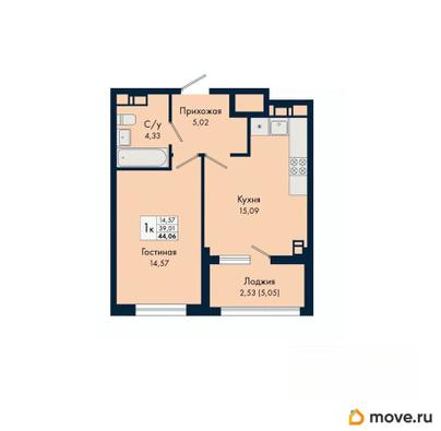 1-комн. квартира, 44.06 м&sup2;