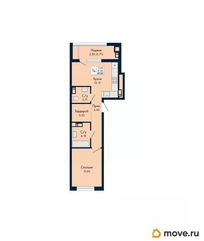 1-комн. квартира, 47.53 м&sup2;