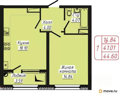 1-комн. квартира, 44.6 м&sup2;