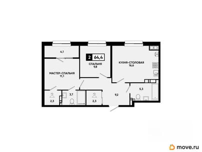 2-комн. квартира, 64.4 м&sup2;