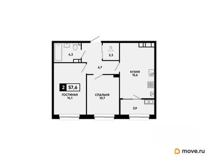 2-комн. квартира, 57.6 м&sup2;