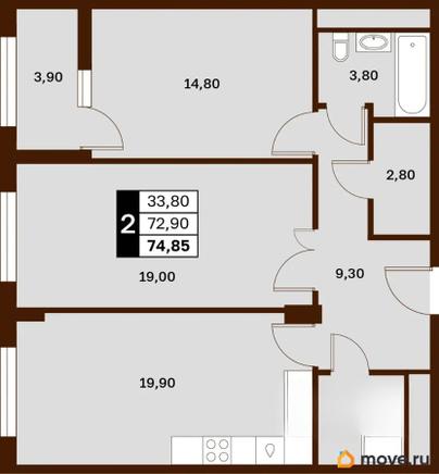 2-комн. квартира, 74.85 м&sup2;