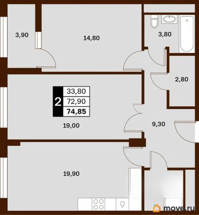 2-комн. квартира, 74.85 м&sup2;