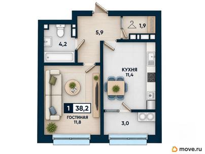 1-комн. квартира, 38.2 м&sup2;