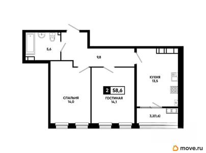 2-комн. квартира, 58.6 м&sup2;