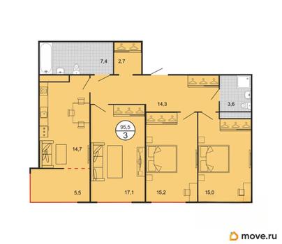 3-комн. квартира, 95.5 м&sup2;