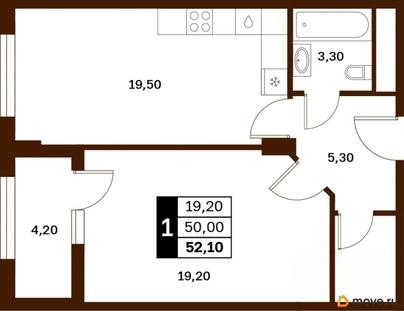 1-комн. квартира, 52.1 м&sup2;