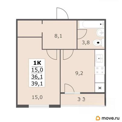 1-комн. квартира, 39.1 м&sup2;