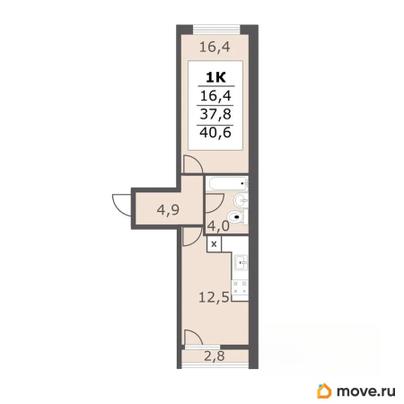1-комн. квартира, 40.6 м&sup2;