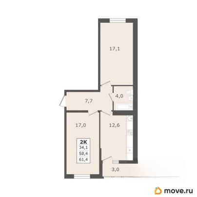 2-комн. квартира, 61.4 м&sup2;