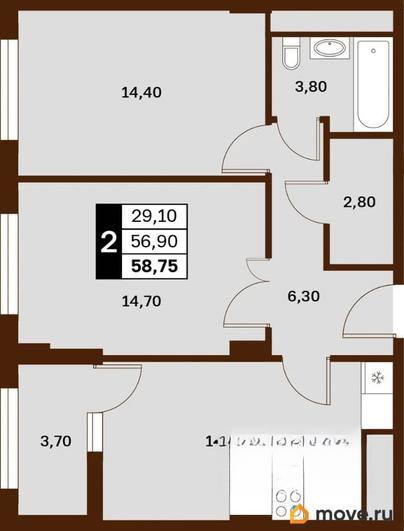 2-комн. квартира, 58.75 м&sup2;