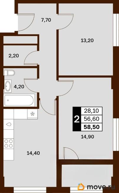 2-комн. квартира, 58.5 м&sup2;