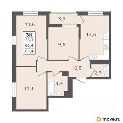 3-комн. квартира, 65.4 м&sup2;