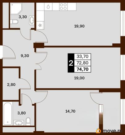 2-комн. квартира, 74.7 м&sup2;