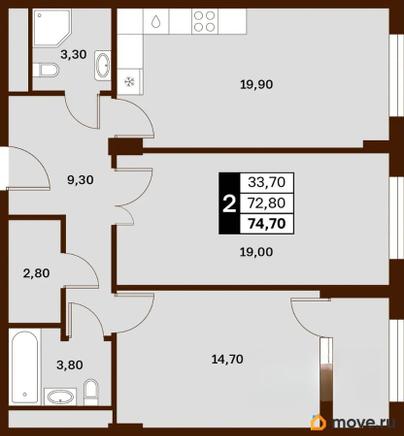2-комн. квартира, 74.7 м&sup2;