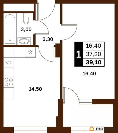 1-комн. квартира, 39.1 м&sup2;