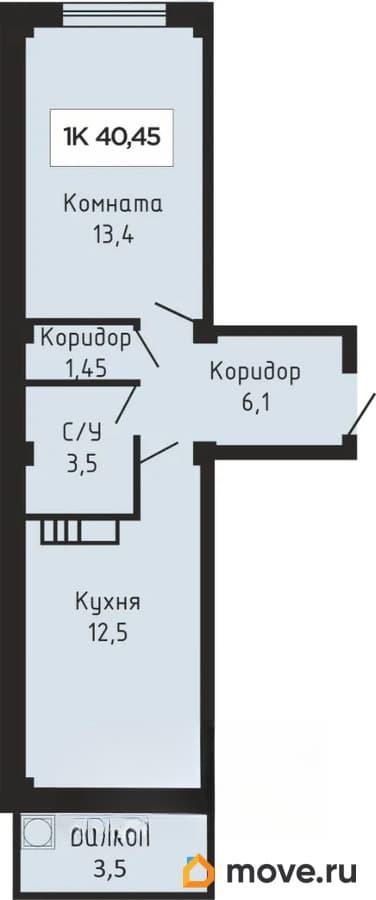 1-комн. квартира, 40.45 м&sup2;