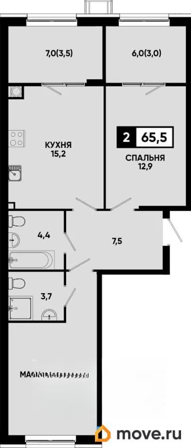 2-комн. квартира, 65.5 м&sup2;