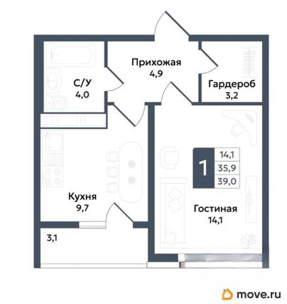 1-комн. квартира, 39 м&sup2;