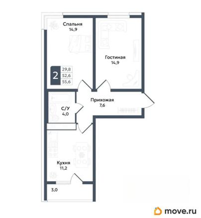 2-комн. квартира, 55.6 м&sup2;