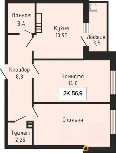 2-комн. квартира, 56.7 м&sup2;