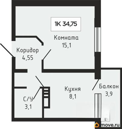 1-комн. квартира, 34.75 м&sup2;