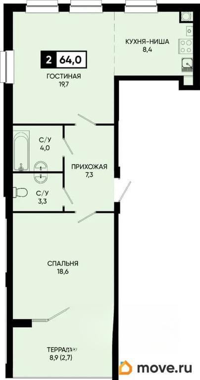 2-комн. квартира, 63.8 м&sup2;