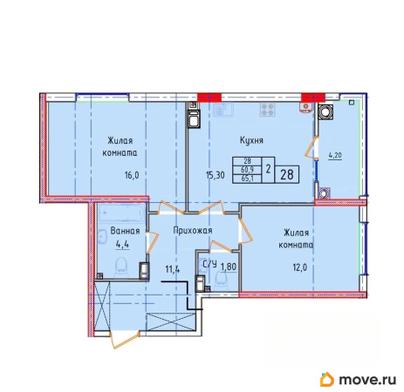 2-комн. квартира, 65.1 м&sup2;