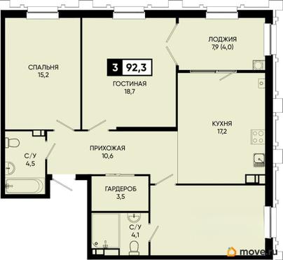 3-комн. квартира, 92.3 м&sup2;