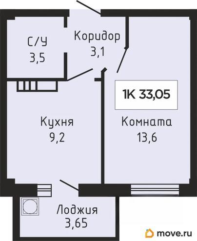 1-комн. квартира, 32.95 м&sup2;