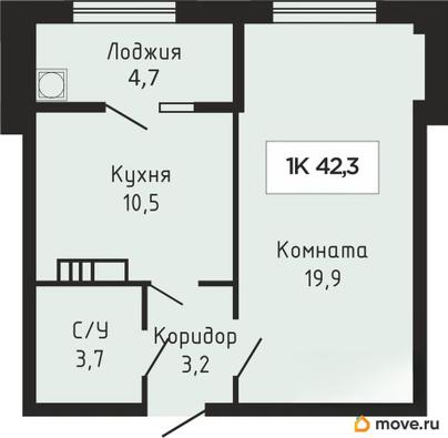 1-комн. квартира, 42.1 м&sup2;