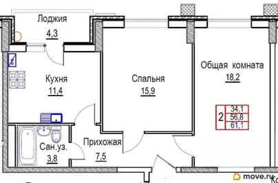 2-комн. квартира, 61.1 м&sup2;