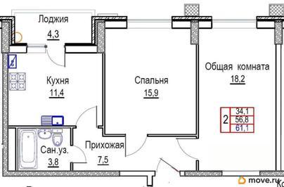 2-комн. квартира, 61.1 м&sup2;