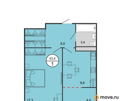 1-комн. квартира, 43.4 м&sup2;
