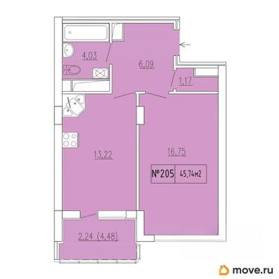1-комн. квартира, 43.5 м&sup2;