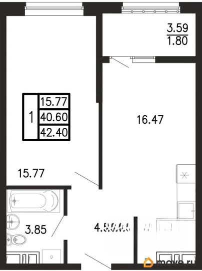 1-комн. квартира, 42.4 м&sup2;