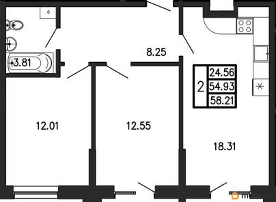 2-комн. квартира, 58.21 м&sup2;