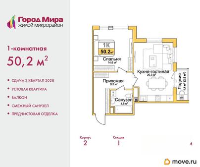 1-комн. квартира, 50.2 м&sup2;