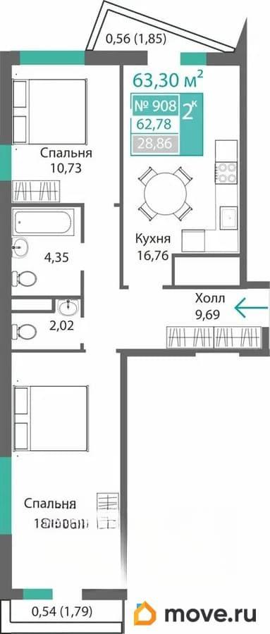 2-комн. квартира, 62.78 м&sup2;