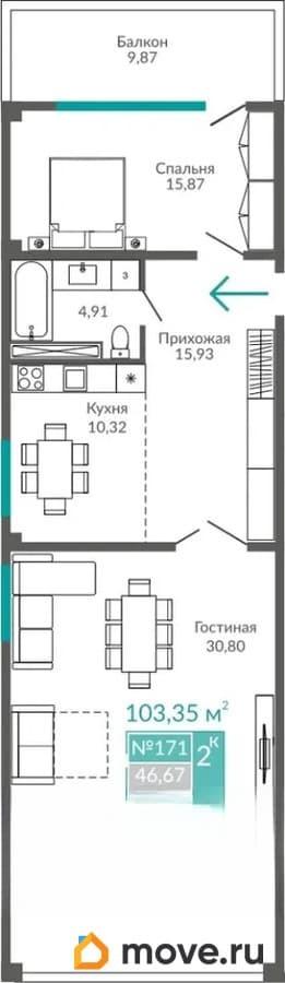 2-комн. апартаменты, 103.35 м&sup2;