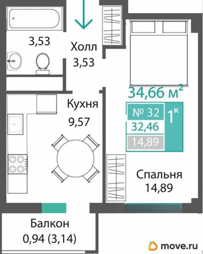 1-комн. квартира, 32.46 м&sup2;