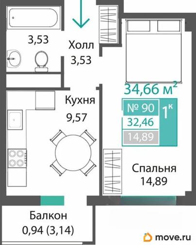 1-комн. квартира, 32.46 м&sup2;