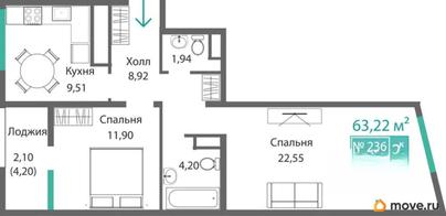 2-комн. квартира, 61.12 м&sup2;