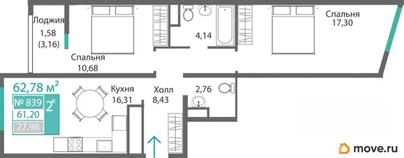 2-комн. квартира, 61.2 м&sup2;