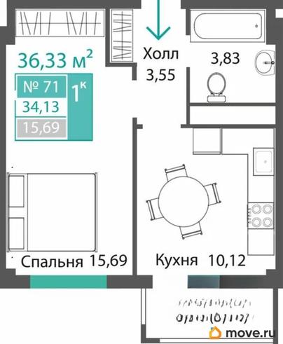 1-комн. квартира, 34.13 м&sup2;